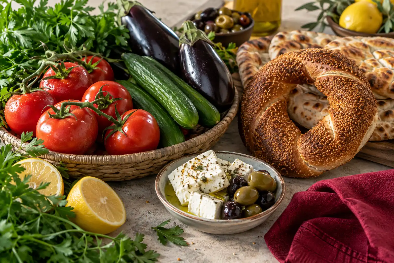 Frisches Gemüse, Simit, Fladenbrot, Käse und Oliven auf einem gedeckten Tisch.